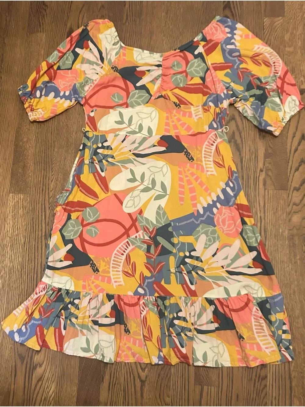 Tropical Floral Midi Dress in Coral, Yellow, Blue  balloon sleeve festive  235